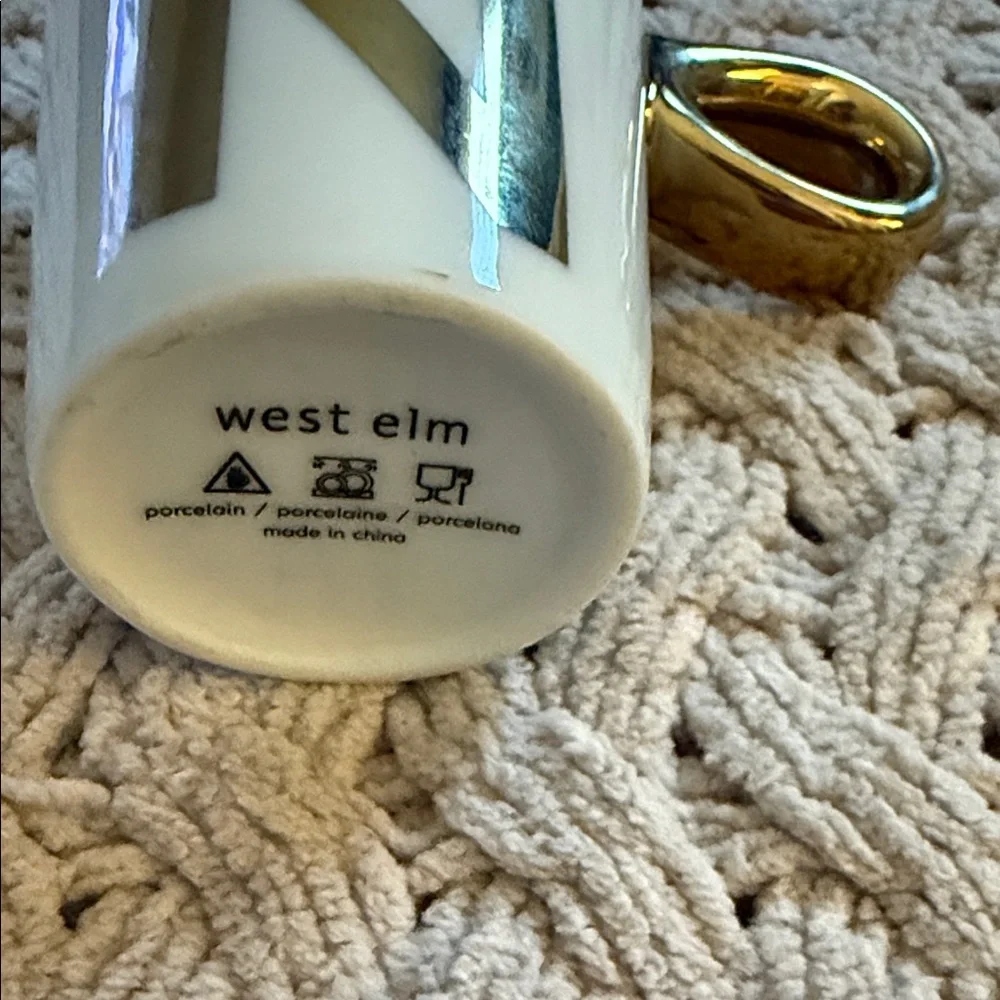 West Elm White Mug with Gold Initial and Handle N